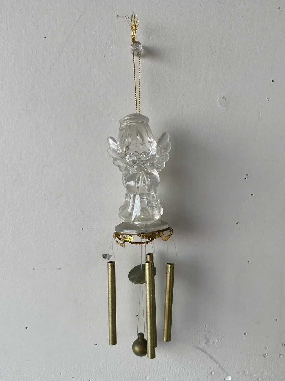 Vintage Clear Acrylic Praying Angel Mini Wind Chime Brass Tubes Y2K